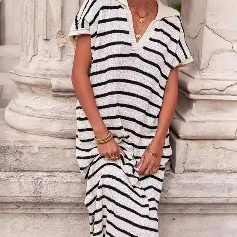 Women's V-Neck Striped Split Lapel Long Sweater Dress