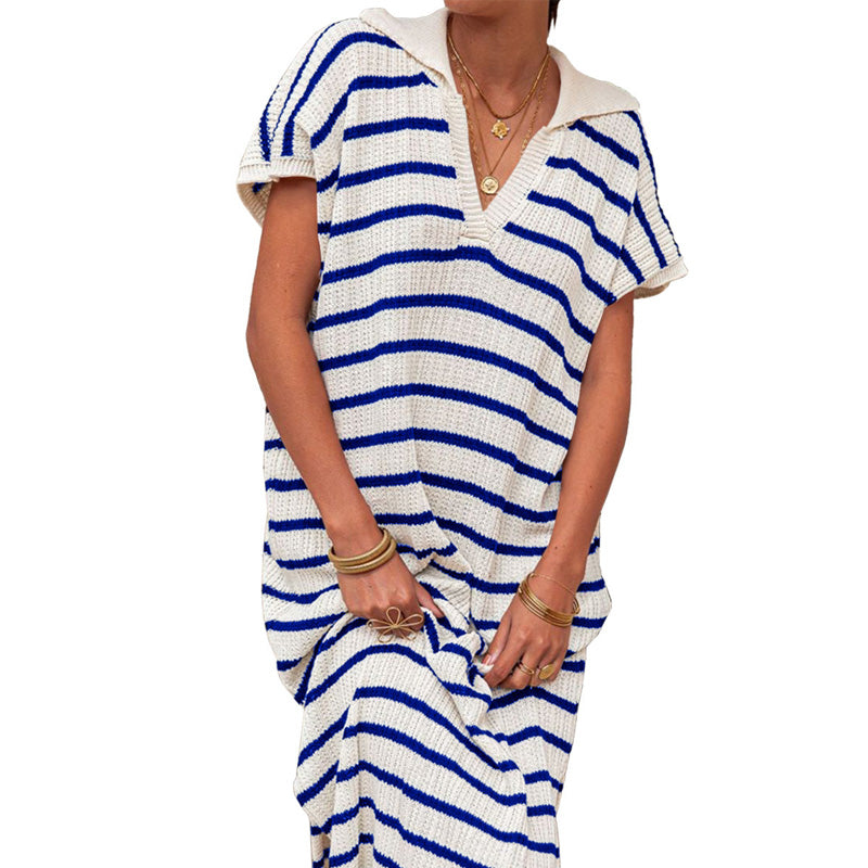 Women's V-Neck Striped Split Lapel Long Sweater Dress