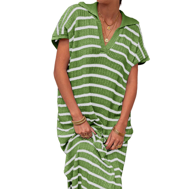 Women's V-Neck Striped Split Lapel Long Sweater Dress