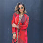 Vibrant Print Leopard Trim Long Sleeve Maxi Dress