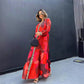 Vibrant Print Leopard Trim Long Sleeve Maxi Dress