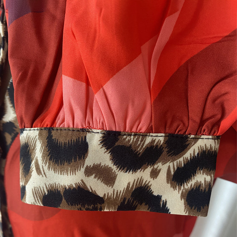 Vibrant Print Leopard Trim Long Sleeve Maxi Dress