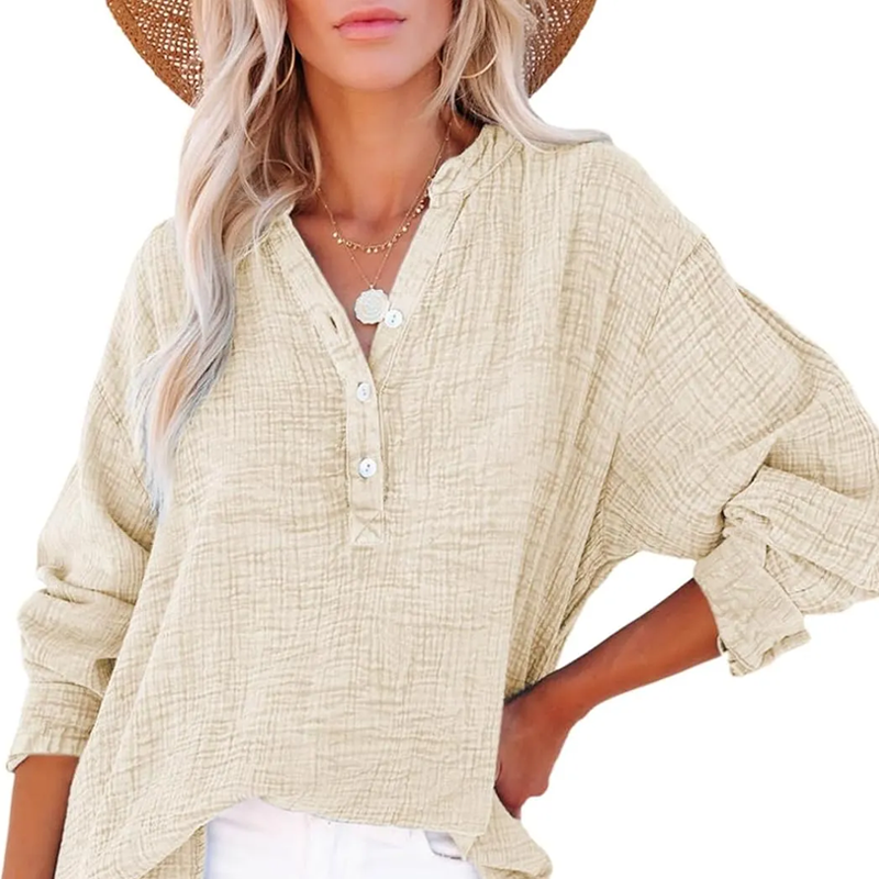🏆🏆🔥Last Day Sale 50%🔥🌸🌸Women’s Casual Gauze Button Neck Long Sleeve Blouse