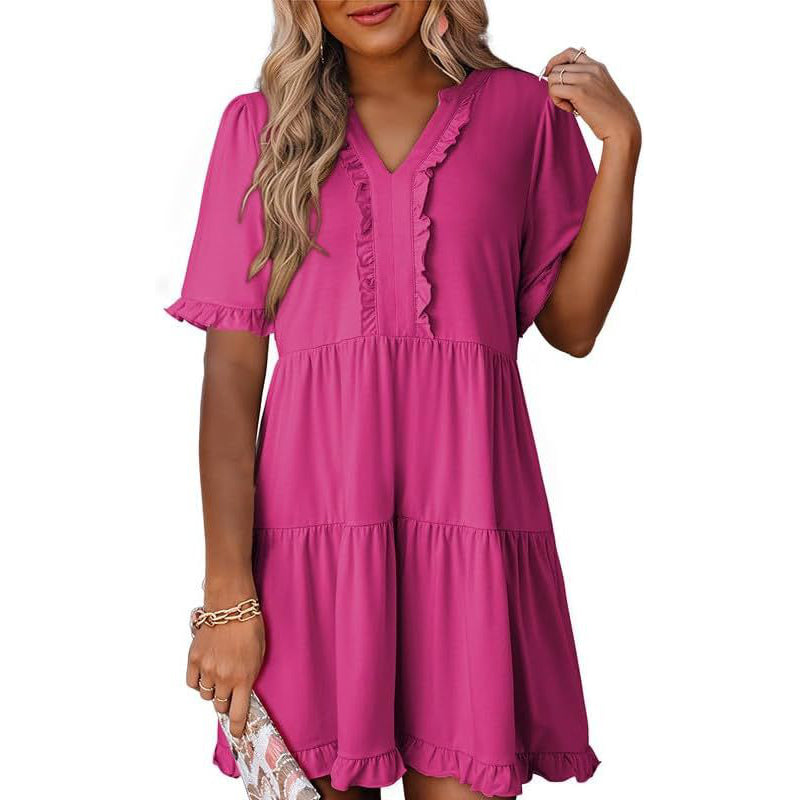 Women's Ruffle Trim V-Neck Tiered Dress