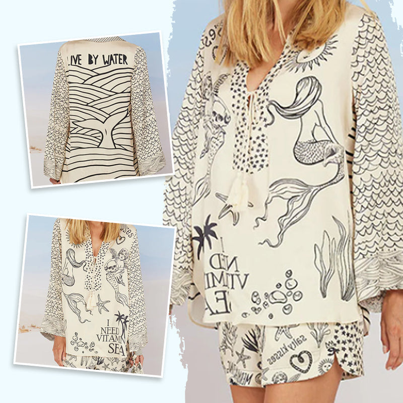 💕2025 HOT SALE 50% OFF💕 Satin Unique Letter Print Tassle Shirt and Elastic Waist Shorts Set