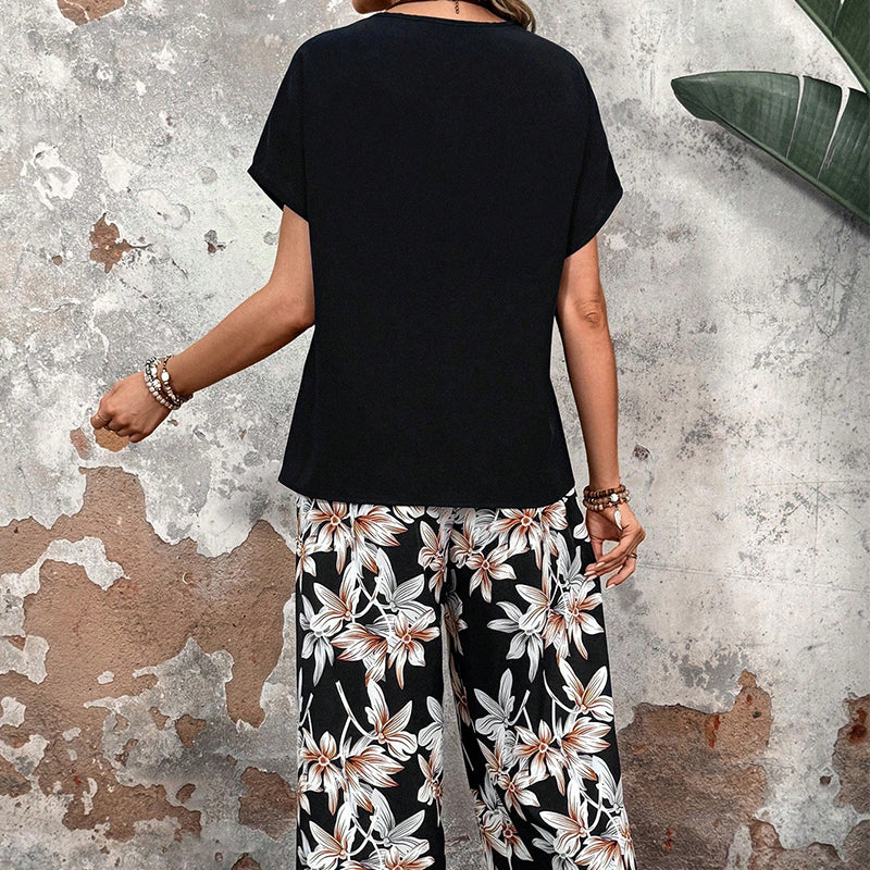🌸Summer Specials🌸Women's Casual Floral Print Wide Leg Trousers and Short Sleeve Top Set