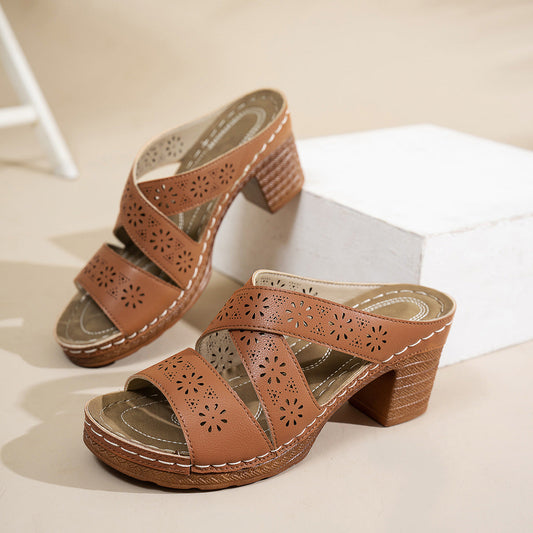 Women's Vintage Hollow-Out Chunky Heeled Slide Sandals