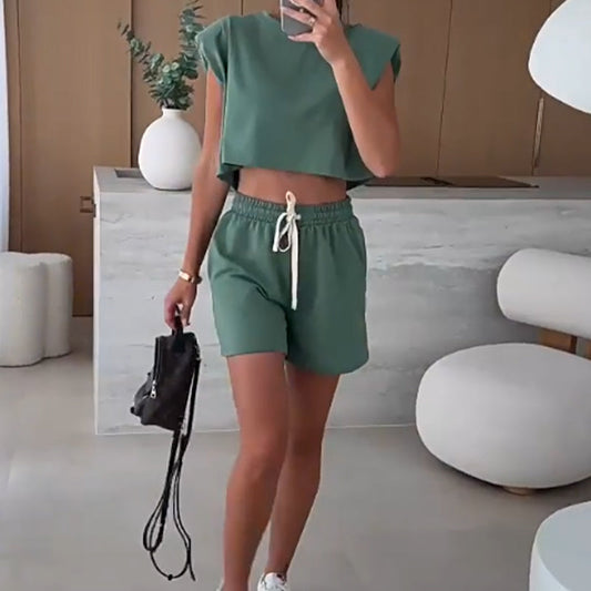 Women's Fashion Solid Color Sleeveless Top & Shorts Two Piece Set