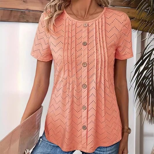 Women's Casual Round Neck Short Sleeve Hollow Out T-Shirt