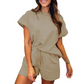 🌸Spring Specials💐Women's Solid Textured Casual Short Sleeve Top Drawstring Shorts Set