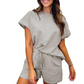 🌸Spring Specials💐Women's Solid Textured Casual Short Sleeve Top Drawstring Shorts Set