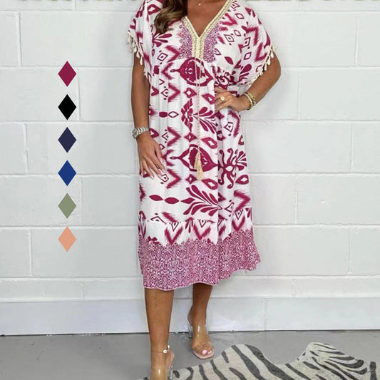 🌟Summer Hot Sale 50% OFF💐Printed Casual Dress With V-Neckline and Fringes on the Short Sleeves