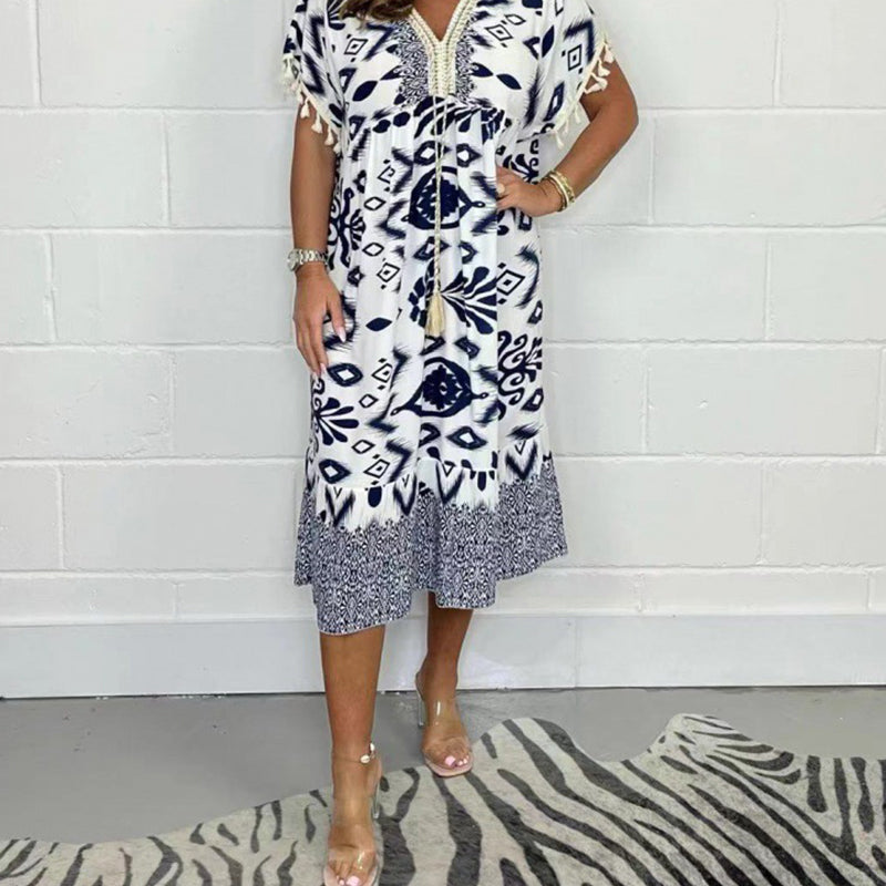 🌟Summer Hot Sale 50% OFF💐Printed Casual Dress With V-Neckline and Fringes on the Short Sleeves