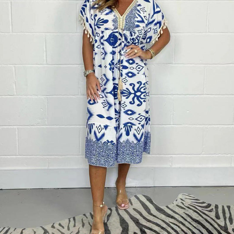 🌟Summer Hot Sale 50% OFF💐Printed Casual Dress With V-Neckline and Fringes on the Short Sleeves