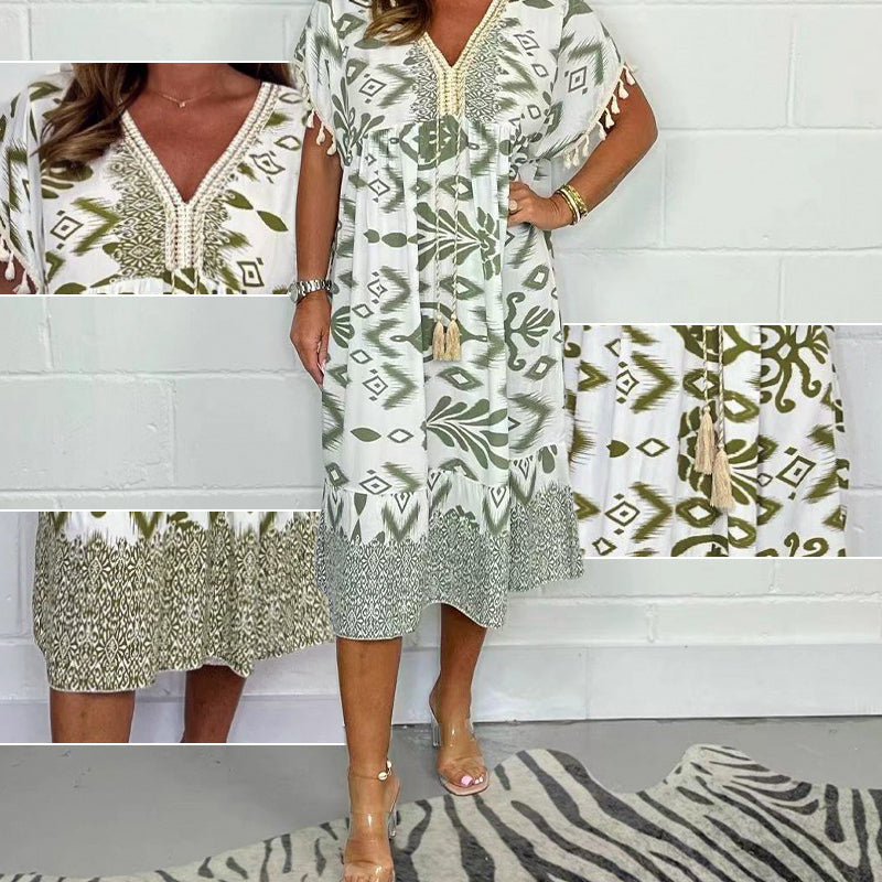 🌟Summer Hot Sale 50% OFF💐Printed Casual Dress With V-Neckline and Fringes on the Short Sleeves