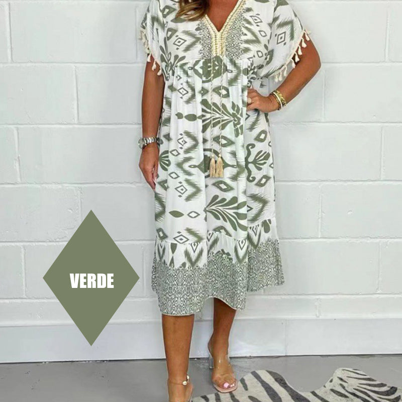 🌟Summer Hot Sale 50% OFF💐Printed Casual Dress With V-Neckline and Fringes on the Short Sleeves