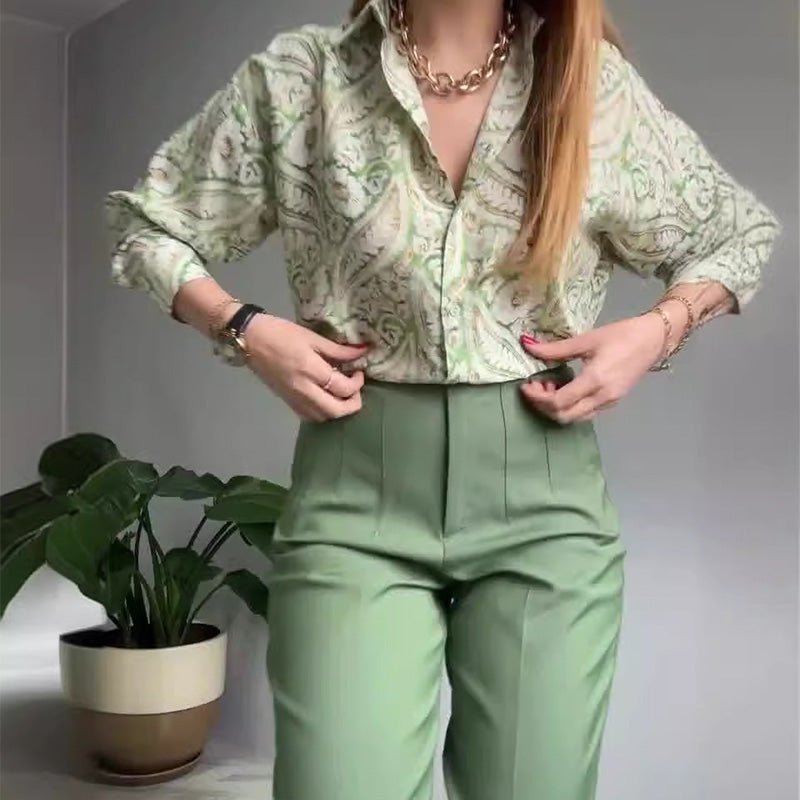 Women's Printed Button Shirt & Pants 2-Piece Set