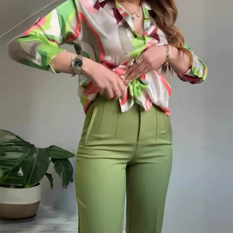 Women's Printed Button Shirt & Pants 2-Piece Set