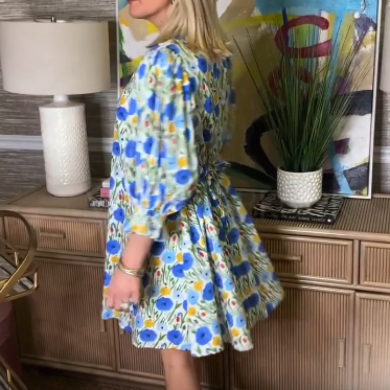 Women's Floral Printed Belted Bubble Sleeve Dress