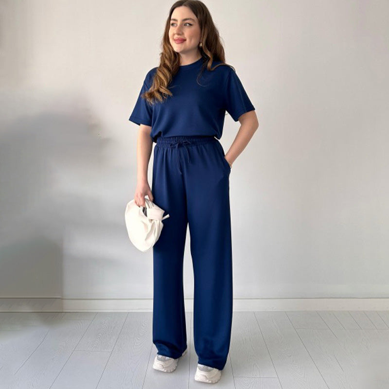 Casual Crew Neck Top & Drawstring Pants Set