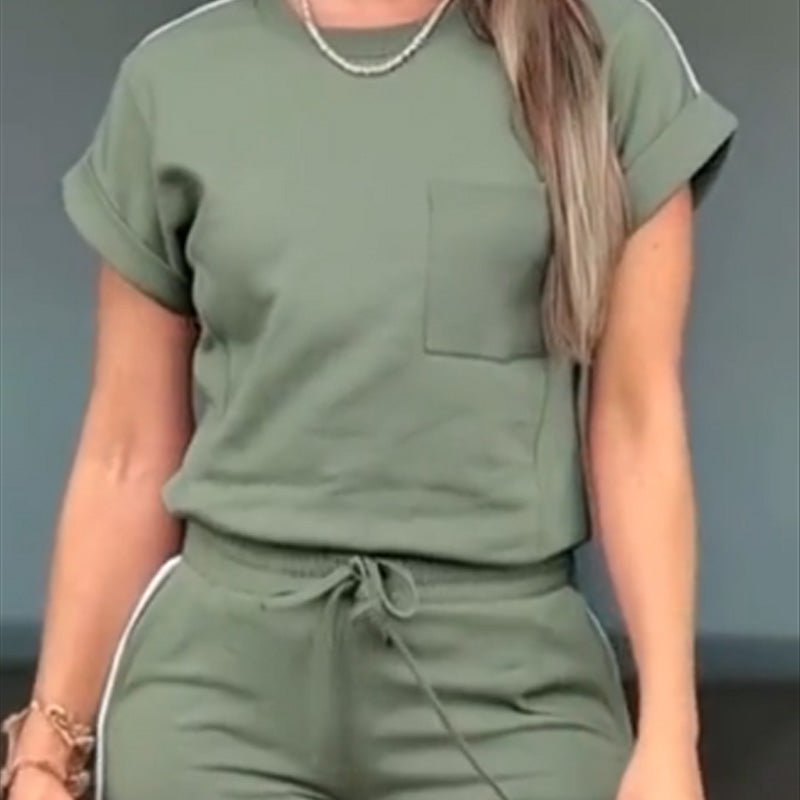 Women's Casual Solid Color Top Drawstring Pants Sports Set