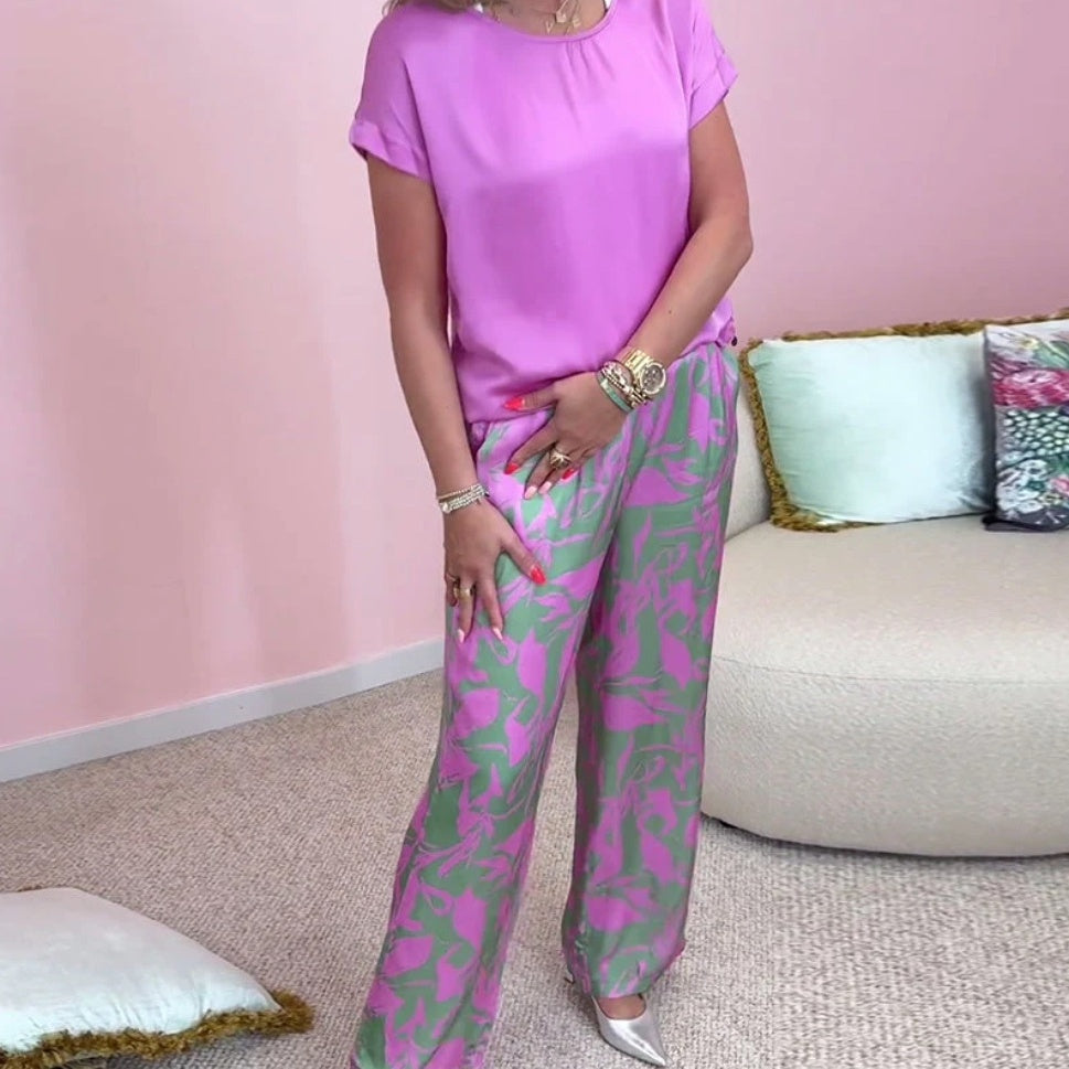 Top & Printed Wide-Leg Pants 2-Piece Set