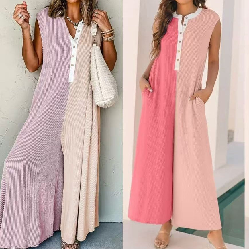 Women's Casual Wide-Leg Color Block Jumpsuit