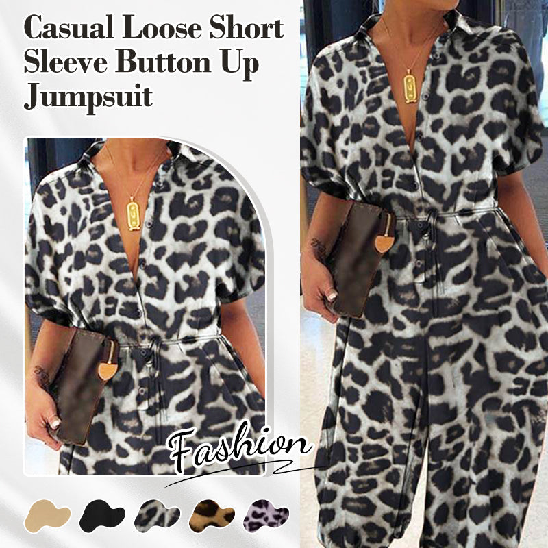 Women's Casual Loose Short Sleeve Button Up Jumpsuit