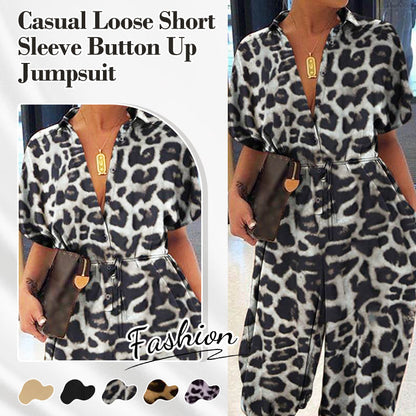 Women's Casual Loose Short Sleeve Button Up Jumpsuit