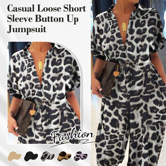 Women's Casual Loose Short Sleeve Button Up Jumpsuit