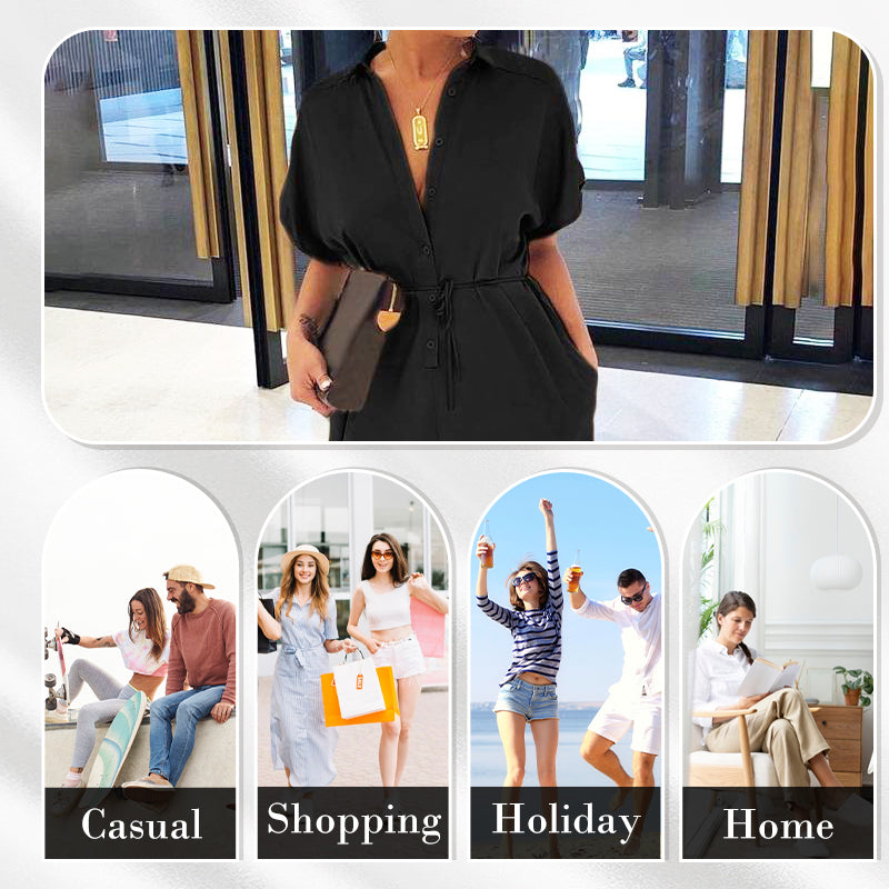 Women's Casual Loose Short Sleeve Button Up Jumpsuit