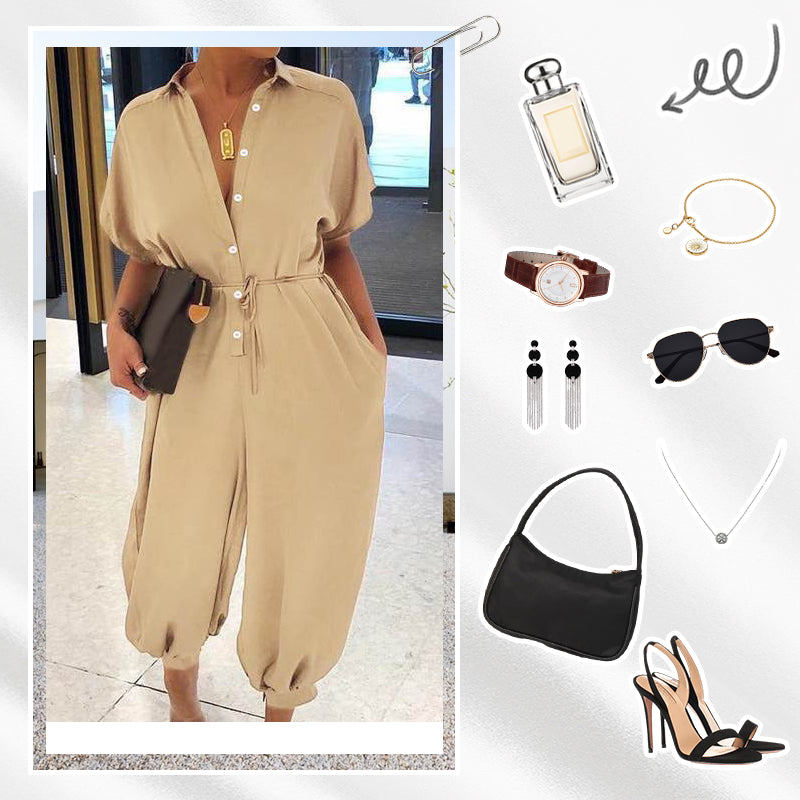 Women's Casual Loose Short Sleeve Button Up Jumpsuit