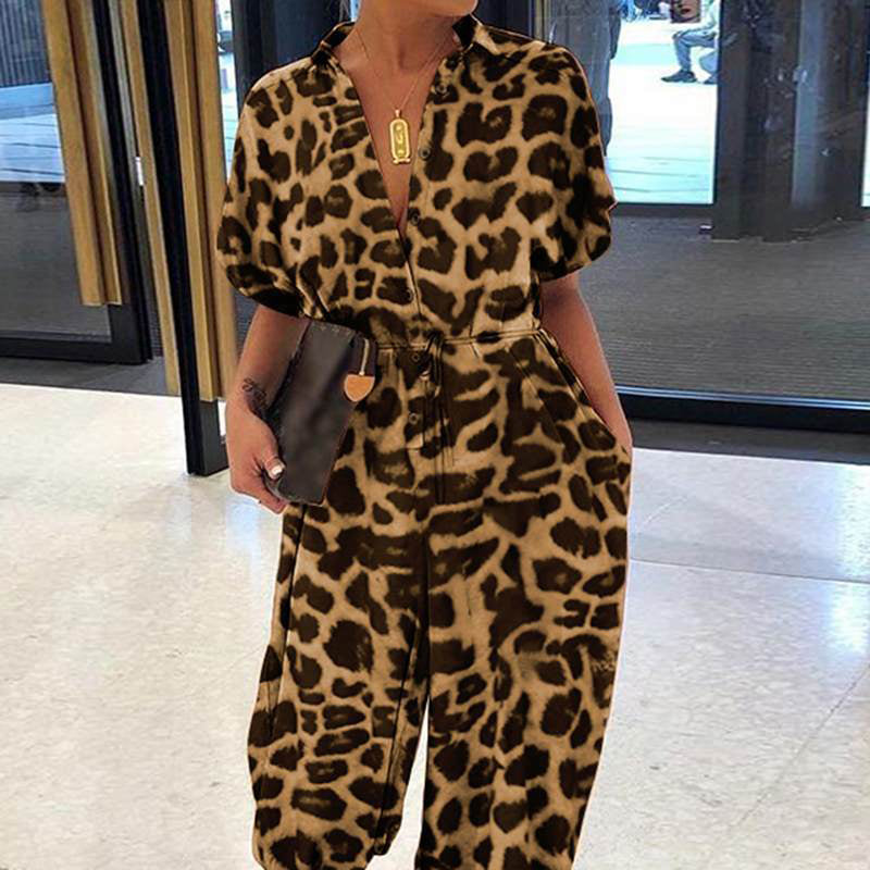 Women's Casual Loose Short Sleeve Button Up Jumpsuit
