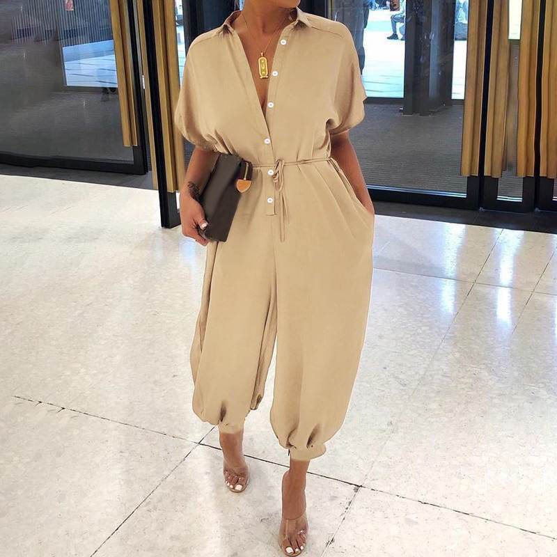Women's Casual Loose Short Sleeve Button Up Jumpsuit