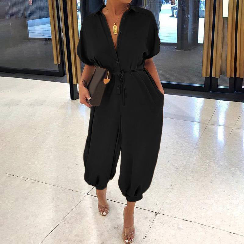 Women's Casual Loose Short Sleeve Button Up Jumpsuit