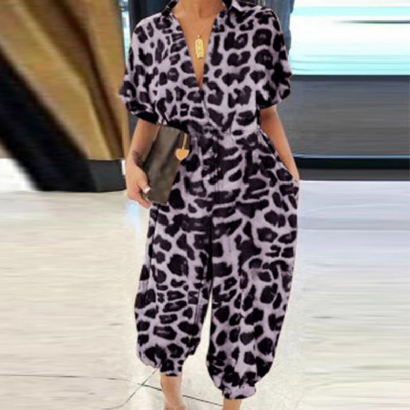 Women's Casual Loose Short Sleeve Button Up Jumpsuit