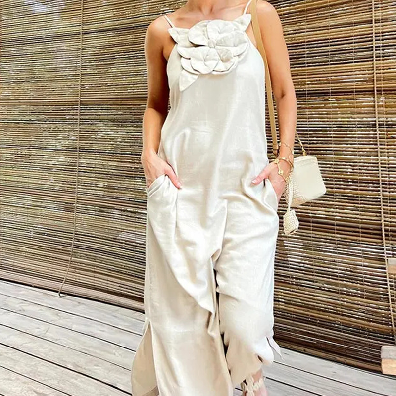 Women's Elegant Spaghetti Strap Maxi Dress with Floral Accent
