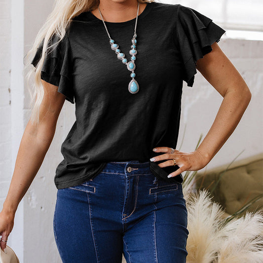 Casual Ruffle Round Neck Short Sleeve Top