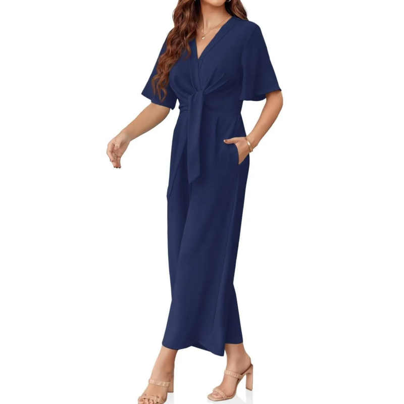 💖LAST DAY SALE 50% OFF✈️Women's Elegant V-Neck Wide Leg Waist Tie Jumpsuit
