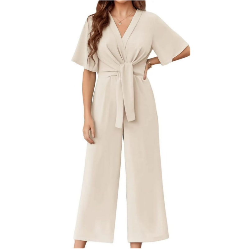 💖LAST DAY SALE 50% OFF✈️Women's Elegant V-Neck Wide Leg Waist Tie Jumpsuit