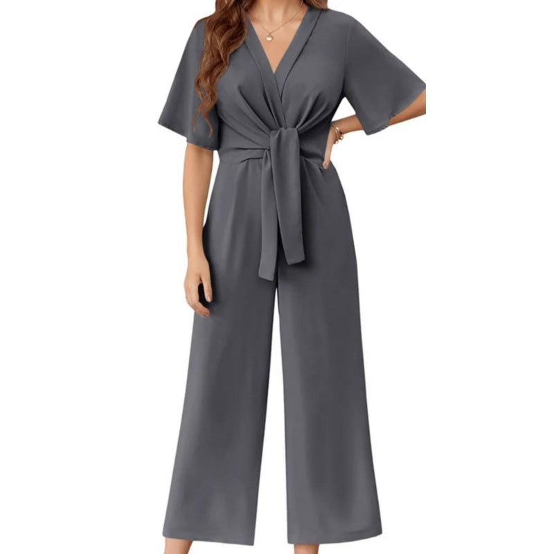 💖LAST DAY SALE 50% OFF💖Women's Elegant V-Neck Wide Leg Waist Tie Jumpsuit