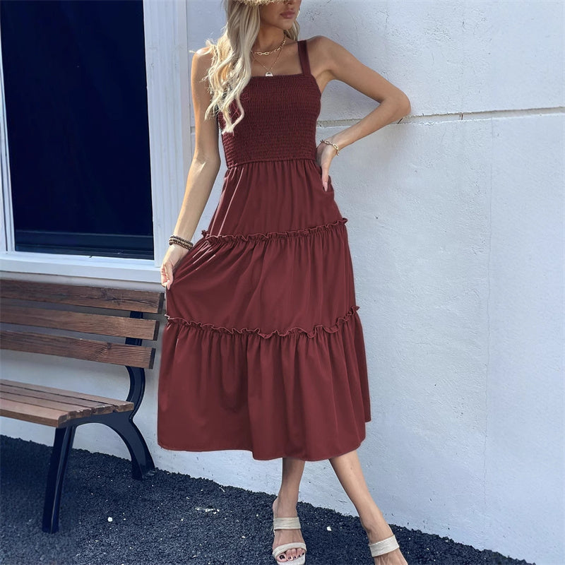 Women's Sleeveless Smocked Dress with Tiered Ruffle Hem