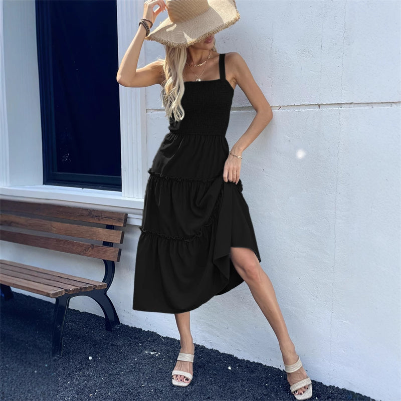 Women's Sleeveless Smocked Dress with Tiered Ruffle Hem