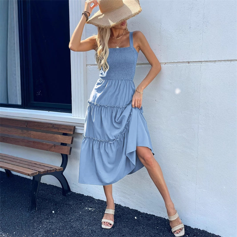 Women's Sleeveless Smocked Dress with Tiered Ruffle Hem