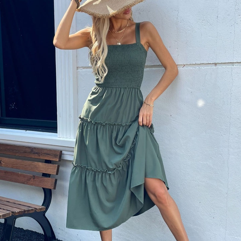 Women's Sleeveless Smocked Dress with Tiered Ruffle Hem