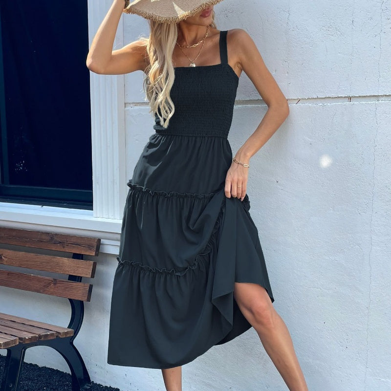 Women's Sleeveless Smocked Dress with Tiered Ruffle Hem
