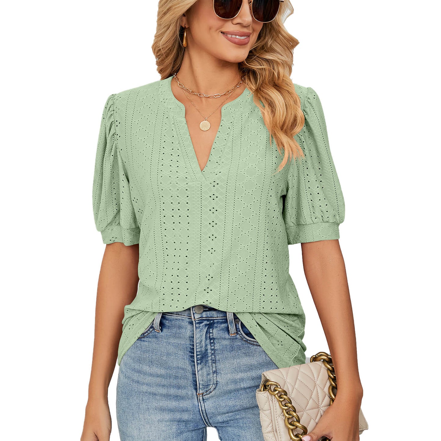 Loose Solid Color T-Shirt Top with Hollow Bubble Sleeves