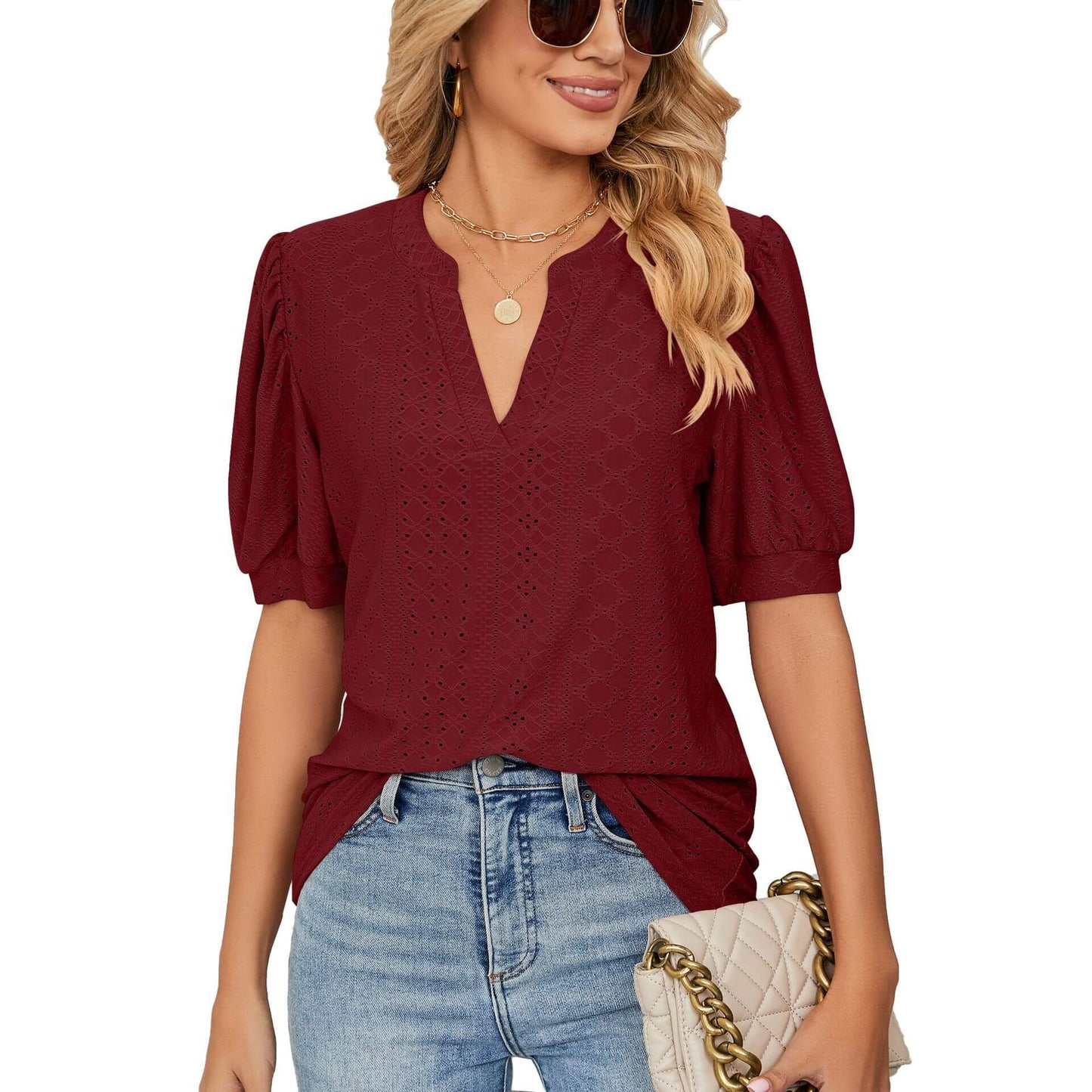 Loose Solid Color T-Shirt Top with Hollow Bubble Sleeves