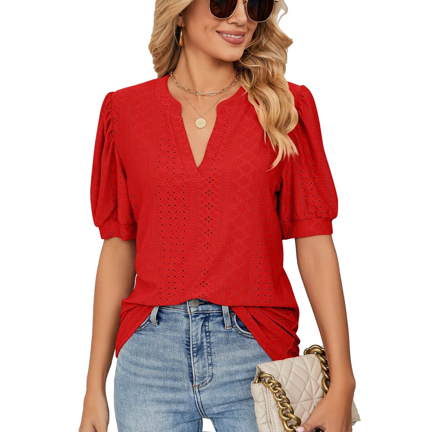 Loose Solid Color T-Shirt Top with Hollow Bubble Sleeves