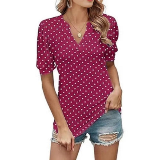 Women's Casual V-Neck Puff Sleeve Polka Dot Print Top
